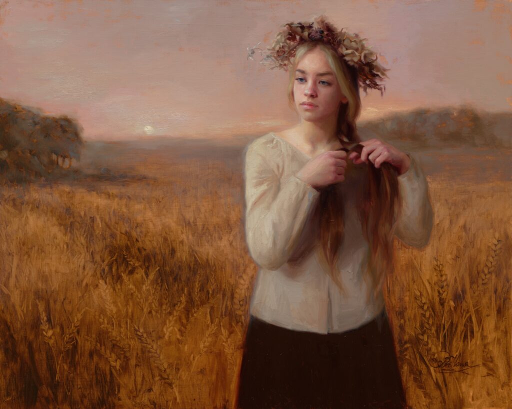 Schilderij van een jonge vrouw die haar haar vlecht in een graanveld